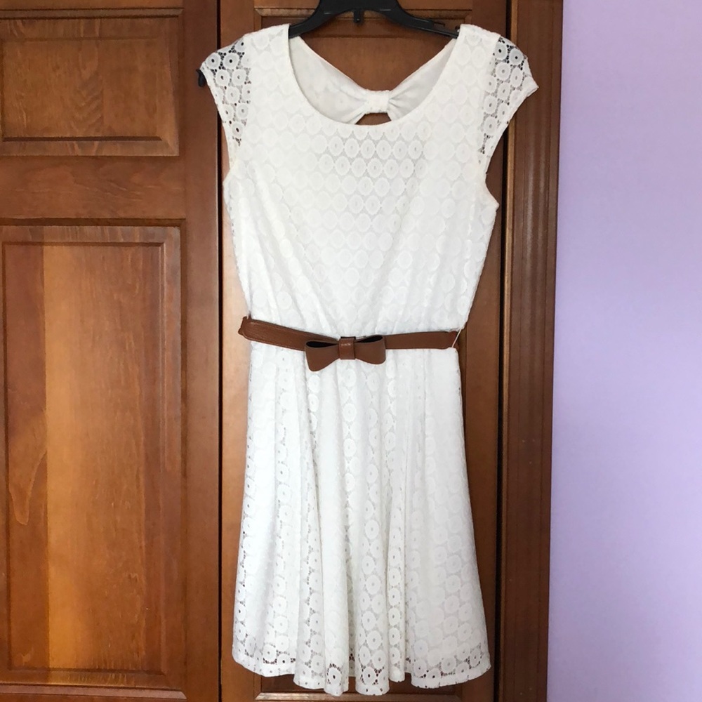 White Lace Dress with Brown Bow Belt